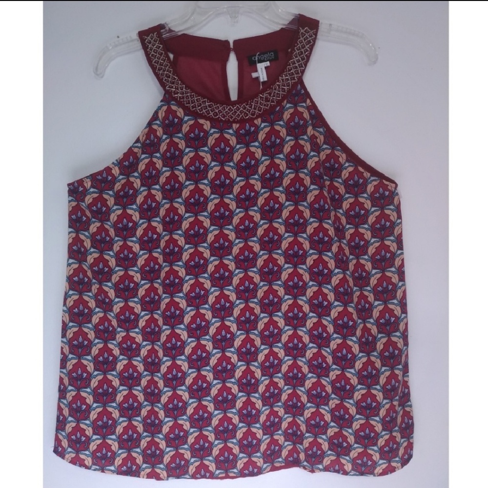 [Last 1] LAST DAY Dark Red Print Blouse Beads - Picture 2 of 5
